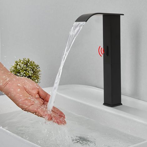 Mitigeur de lavabo à capteur infrarouge, mitigeur monocommande de salle de bain Robinet sans contact Robinet à capteur automatique pour la maison, le restaurant, le centre commercial (noir)