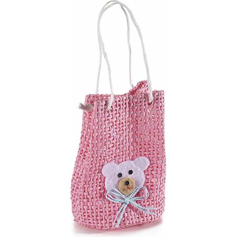 Petits sacs en papier rose décor ourson à anses, lot de 10, diam. 5,5 cm x H. 8 (avec anses 12)