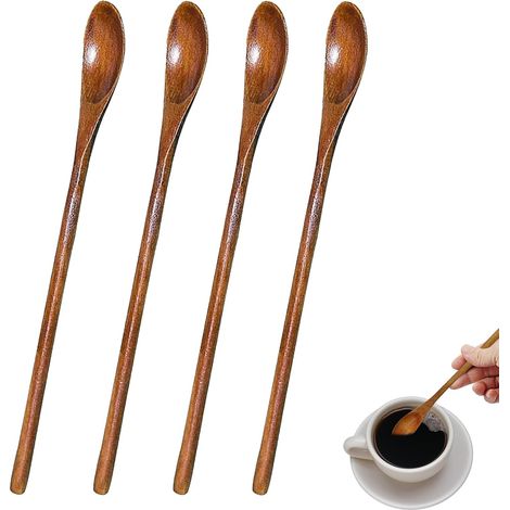 Small Wooden Spoon, Long Handled Wooden Spoon Kitchen Natural Honey Coffee Tea Long Drinks Wooden Spoons (4) (1/5)