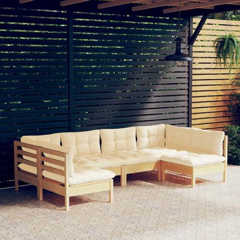Salon de jardin 6 pcs Ensemble Table et Chaise de Jardin - avec coussins crème Bois de pin massif BV616117 - BonneVie (1/5)