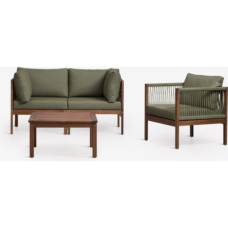 Ensemble de salon avec canapé modulaire 2 pièces avec accoudoirs, fauteuil et table basse en bois d'acacia Branson SKLUM Vert Olive Intense - Marron Acacia Foncé (1/5)
