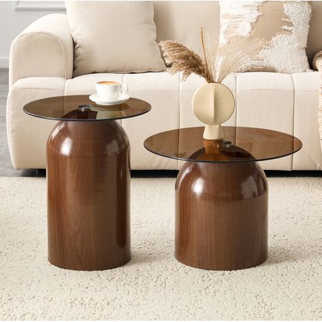 Set de 2 mesas de centro Ø50x38 / Ø40x50 cm nogal metal y vidrio templado apilables (1/5)