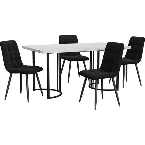 Modernes 5-teiliges Esszimmer-Set Tisch 140 x 80 cm mit 4 Samtstühlen Weiß/Schwarz (1/5)