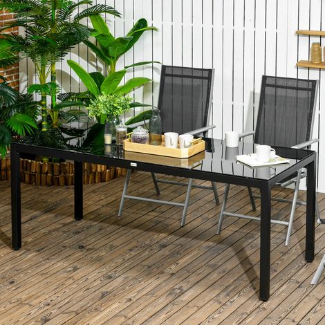 Table de jardin rectangulaire pour 8 personnes avec plateau en verre trempé et cadre en aluminium noir