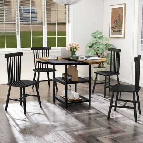 Table à Manger pour 4-6 Personnes Table de Cuisine Ronde en Bois de 119 cm avec Design Bicolore en Blocs 2 Étagères & Pieds Métalliques Noir (1/3)