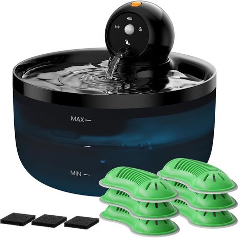 Fontaine Eau Chat sans Fil: Fontaine Chat Detecteur Mouvement - Fontaines a Eau pour Chats Rechargeable - Distributeur Eaus Chats Batterie - Distributeur Chien Automatique - 6 Filtres + 3 éponges (1/5)