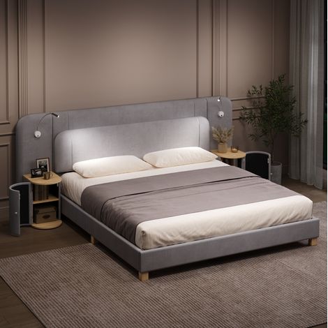 Polsterbett 180x200 cm Cord grau mit LED und Nachttischen, ohne Matratze – MEUBLIV (1/5)