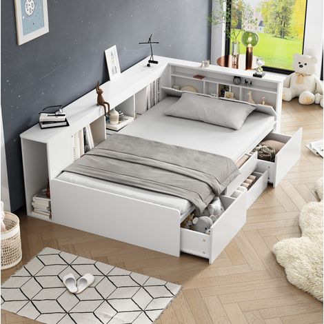 Lit enfant 90 x 200 cm blanc multifonction avec rangements, étagères et 4 tiroirs – couchage (1/5)