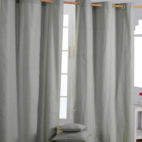 HOMESCAPES Plain Off Grey Cotton Eyelet Curtains 117 x 137 cm