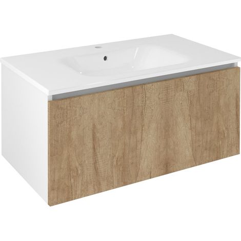 Meuble vasque LOREA 90x44x51,2cm, 1x tiroir, chêne alabama/blanc mat (1/4)