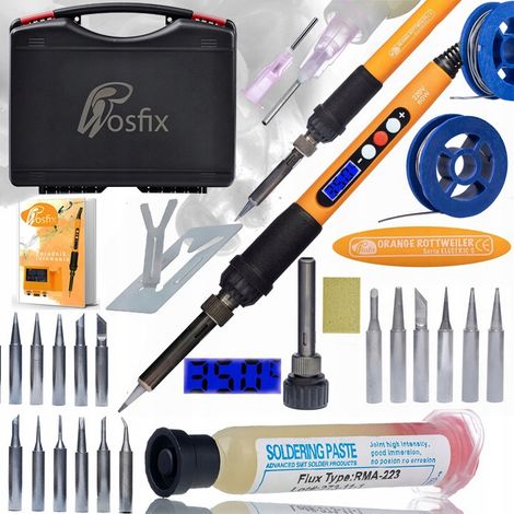 Rosfix Set Elektronik-Lötstation Electric S – 60 W Präzisions-Lötkolben mit LCD, 18x Spitzen 900M, Lötzinn, Flux, Halter & Koffer 180–500 °C ESD-Schutz Lötzubehör (1/5)