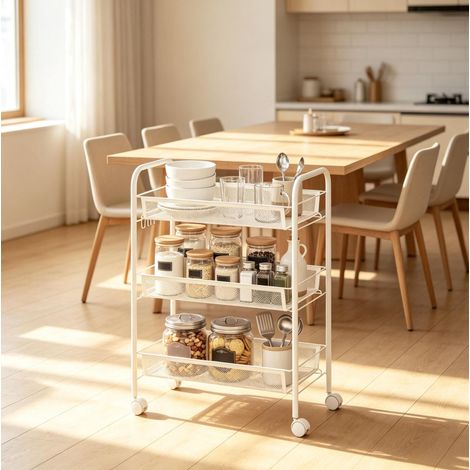 Chariot de rangement 45x26,5x63 cm en acier blanc, 3 niveaux, pour cuisine, gain de place – MEUBLIV (1/5)