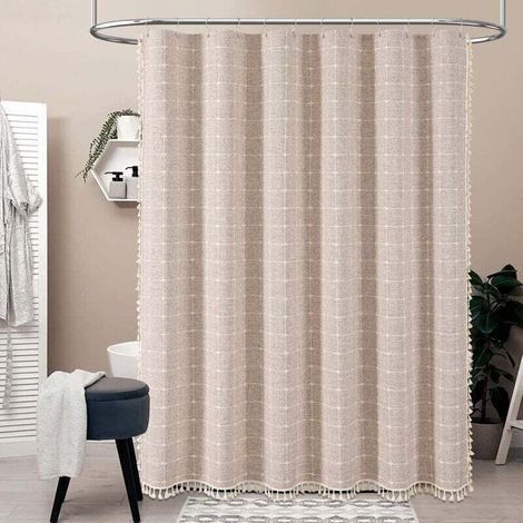 Bohemian shower curtain with tassels, linen fabric, ideal for bathroom décor, 183 x 183 cm (coffee) (1/4)