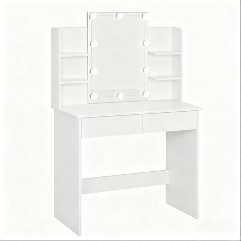Coiffeuse blanche avec miroir éclairé, 2 tiroirs et prise intégrée, 90x135x40 cm (1/5)