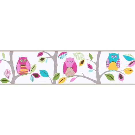 Frise murale motif arbre rose, bleu et vert | Frise papier peint coloré pour chambre d'enfant | Frise tapisserie à motif oiseaux - 5,00 x 0,13 m (1/3)