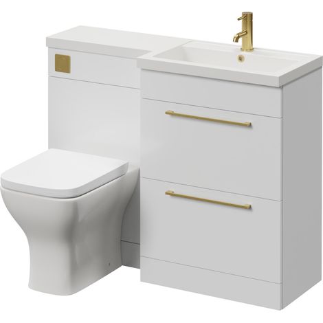 Napoli 390 Gloss White 1100mm 2 Drawer Vanity Unit Toilet Suite with Square Right Hand Lucia Basin - 1100mm - Brushed Brass 320mm HandleWith Kingston Toilet Pan and Seat