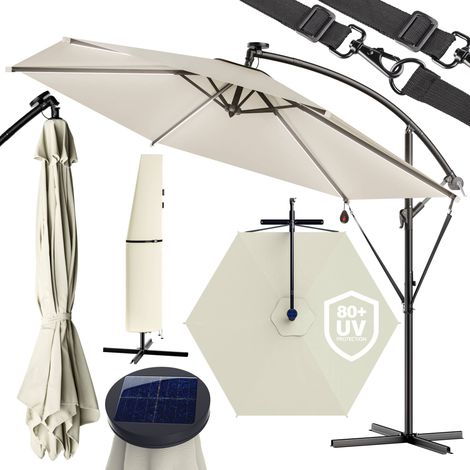 KINGSLEEVE® Sombrilla de Jardín Parasol 350cm Manivela 6 Tiras Luces LED Protección UV80+ Seguro Antiviento Funda Protectora Crema (1/9)