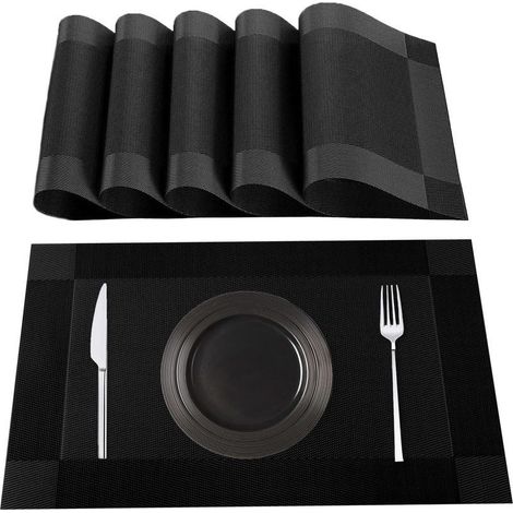 Sets de Table Lavables, Lot de 6 Set de Table en 70% PVC et 30% Polyester, Antidérapant, Résistant à la Chaleur, pour Table de Cuisine,Noir (1/5)
