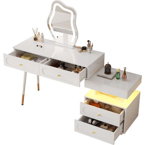 Coiffeuse avec miroir LED et rangements, blanc 140x40x130 cm (1/5)