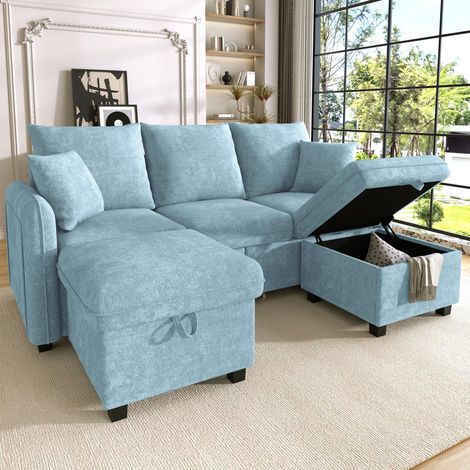 Canapé droit Modulable 3 places en Chenille Bleu - Canapé Convertible avec Rangement et Pouf Coffre - Design Moderne (1/5)