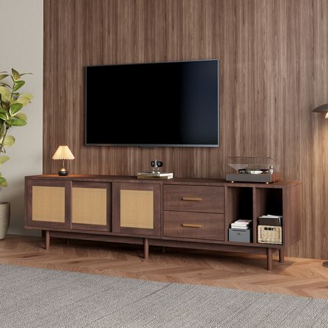 Mueble TV (190x40x52 cm), con 3 puertas, 2 cajones, 2 huecos abiertos, MDF marrón (1/5)