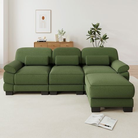 Divano angolare modulare 3 posti con pouf - 265 x 161 x 94 cm - per soggiorno - velluto a coste verde (1/5)