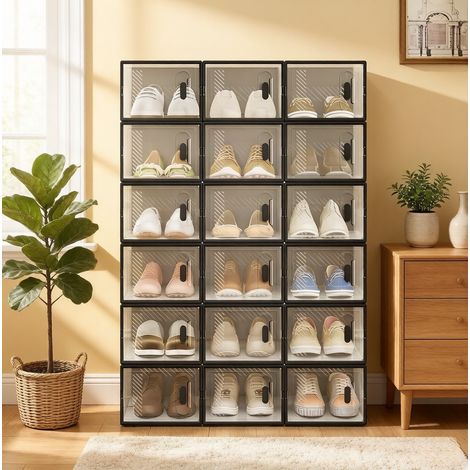 Stapelbare modulare Schuhboxen, 18 Stück, aus transparentem und schwarzem Kunststoff HAVRYA (1/5)