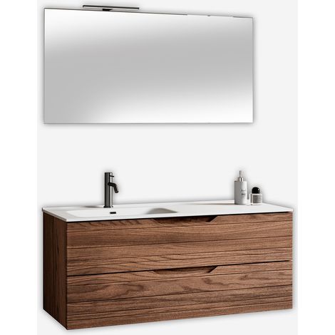 Mobile bagno sospeso con lavabo e specchio Solmira SX - Marrone Scuro