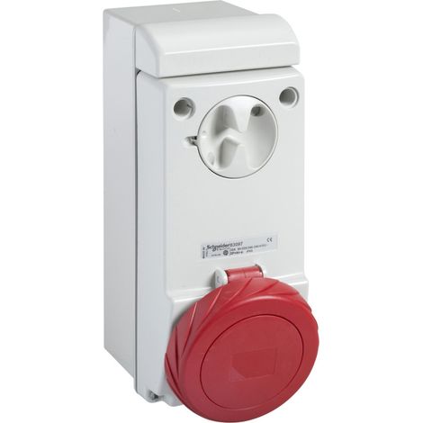 Prise socle 63A 3P+T 380-415V femelle rouge boitier saillie avec interrupteur étanche IP65 PratiKa SCHNEIDER PKB63P534 (1/3)