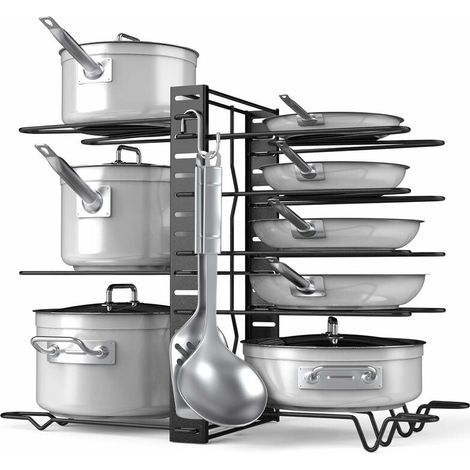 Organisateur de casseroles et poêles Réglable 8+ Pots et casseroles Oragnizer, comptoir de cuisine et porte-couvercle d'armoire avec 3 méthodes de bricolage (6 crochets inclus) (1/5)