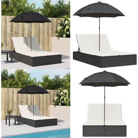Chaise longue double et coussins et parasol noir résine tressée - Chaises Longues Doubles - Transats - Lit De Bronzage - Mobilier De Jardin - Chaises Extérieures - Home & Living (1/5)
