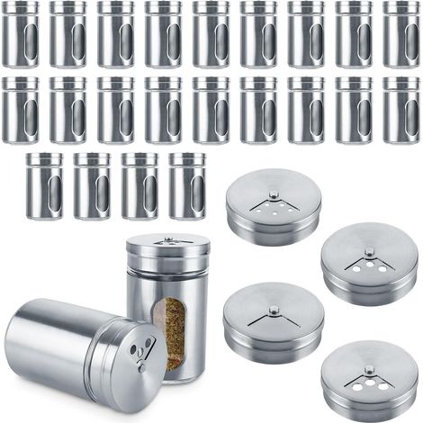 Lot de 24 boite epices cuisine, pot epices cuisine argentées de 100 ml avec tamis réglable à 3 positions et fenêtre de visualisation, pot à epices en verre et acier inoxydable pour épices (1/5)