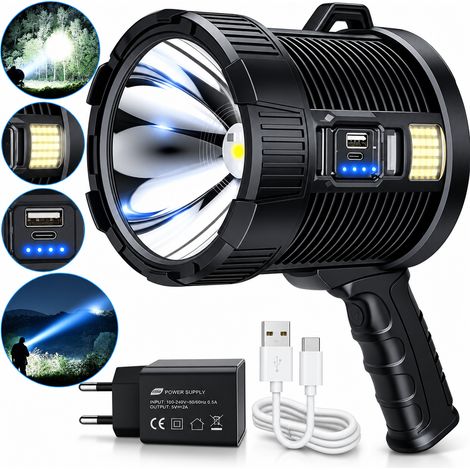 Lampe Torche LED Puissante Rechargeable 15000 Lumens – Torche de Poche 6 Modes – IPX4 Étanche – Batterie 10800 mAh – Portée jusqu’à 800 m – 20000 mAh