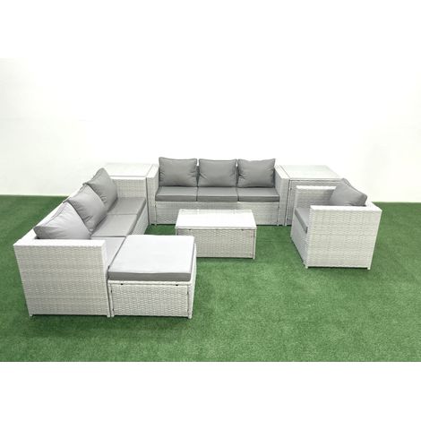 Fimous Meubles d'extérieur en rotin avec Fauteuil Table basse oblongue Grand tabouret 2 Tables d'appoint Gris clair mixte (1/5)