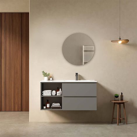 Mobile bagno sospeso 100 cm Grigio Londra Lavabo a Destra in Ceramica Specchio Tondo - Fiji Paint Plus (1/4)