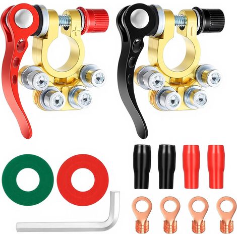 2 Pièces Cosses de Batterie 12V à Verrouillage Rapide, Cosses 4 Voies en Laiton pour Batterie Auto, Connecteurs Universels pour Voiture Camion Véhicules 12V (Rouge et Noir) (1/5)