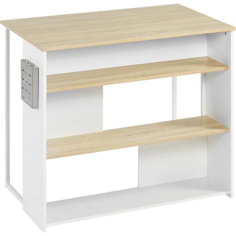 Ilot de cuisine 3 étagères porte-couteaux acier inoxydable blanc et naturel 105 x 65 x 90 cm