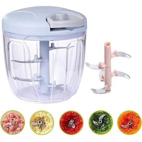 Hachoir à ail multifonctionnel, hachoir à ail manuel à ficelle pour la cuisine, aide ménagère pour presser l'ail, couper les légumes et hacher la viande (900 ml, bleu) (1/5)