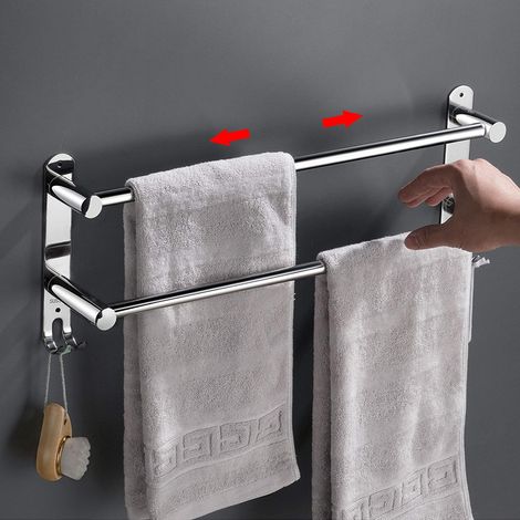 1 - Porte-Serviettes - Barre Rétractable - Acier Inoxydable - Fixation Murale Sans Perçage Ou À Vis - Pour Salle De Bain Et Cuisine - Argent - 43x78cm (1/5)