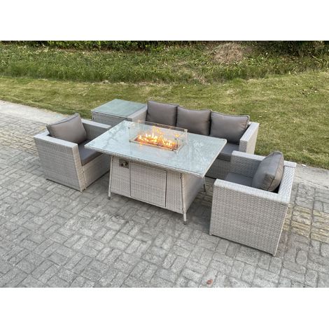 Fimous 5 places Ensemble de meubles de jardin en rotin ensemble Table de foyer à gaz canapé ave 2 Fauteuil Table d'appoint Gris Clair (1/5)