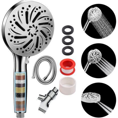 Handbrause mit Massagefunktion, 20-stufigem Kalkfilter und 10 verschiedenen Hochdruckdüsen zur Wassereinsparung. (1/5)