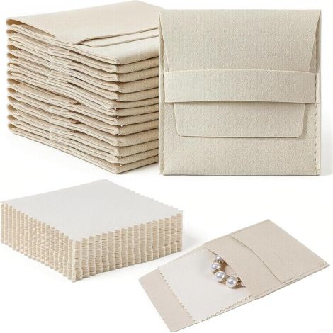Set of 120 soft microfiber jewelry bags with safety strap for organizing delicate accessories, Beige, 8 x 8 cm (1/5)