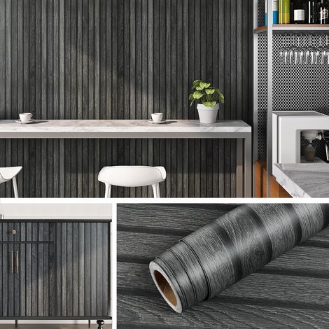 Papier Peint Tasseau de Bois Noir Papier Peint Adhesif Mural Noir Mat Chambre Salon Lavable Revetement Mural Adhesif Effet Bois 3D Salle de Bain Papier Adhesif pour Meuble Bois Noir 40CMx2M (1/5)