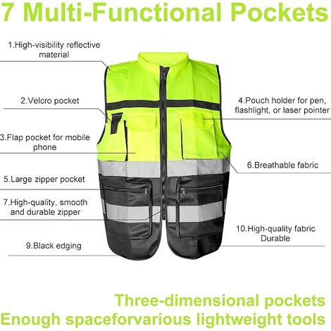 Gilet de Sécurité Réfléchissant pour Homme et Femme, Gilet Avertisseur Vélo avec Fermeture Éclair et Poches, Gilet de Travail Jaune/Vert Néon pour Circulation, Chantier (1/3)