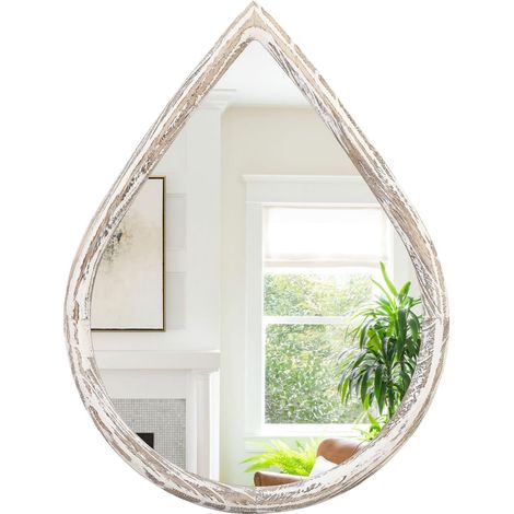 Miroir Mural Rustique en Forme de Larme avec Cadre en Bois - Grand Miroir décoratif pour Salon, Salle de Bain, entrée - Blanc - 65 x 45 cm (1/5)