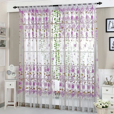 Voile - Rideau Léger À Motif Pivoine - Pour Fenêtre - 200 cm x 100 cm - Violet - 1 Pièce (1/5)
