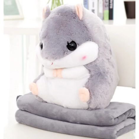 Oreiller/couverture 2 en 1 pour hamster, format familial, environ 40 x 30 cm, en coton PP gris, pour canapé. (1/5)