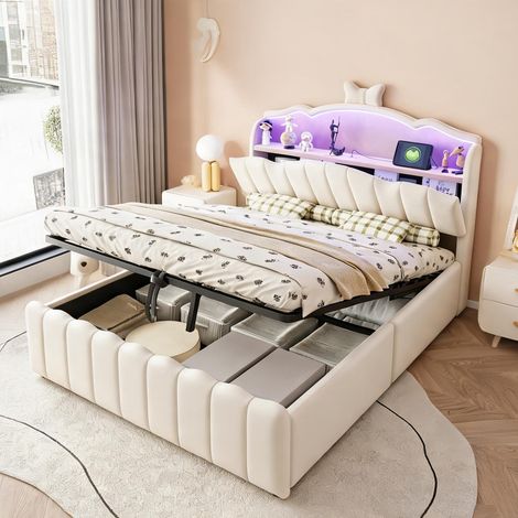 Cadre de lit beige en tissu métal 222 x 147 x 131,5 cm (1/5)