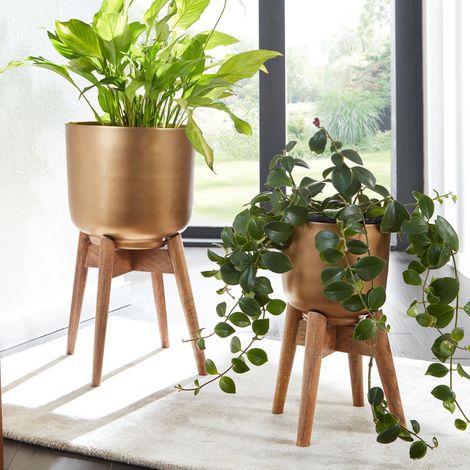 Lot de 2 cache-pot ronds 31 et 25 cm en aluminium doré et manguier (1/5)