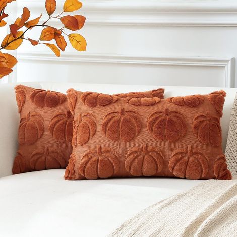 2er Set Wolle Kürbis Kissenbezüge Weicher Plüsch Kurzer Wollsamt Dekokissenbezüge Herbst Kissenhülle Sofakissen Herbstdeko für Sofa Schlafzimmer Halloween Karamell Orange, 30x50cm (1/5)